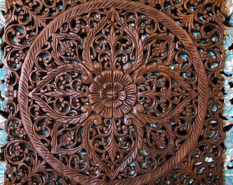 Mandala Lotus Flower Teak Natural Reclaimed Wood Wooden Mandala Carved Carving Panel Wall Art White Wash Brown Black Rustic Thailand 24 in