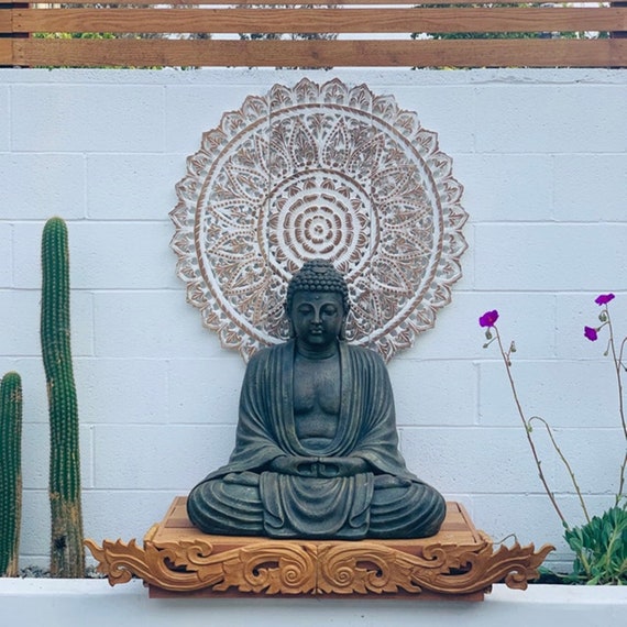 Natural Large Round White Queen Bed Headboard 36" Sculpture Lotus Flower Mandala Wooden Hand Carved Teak Wood Art Panel Wall Home Decor Thai