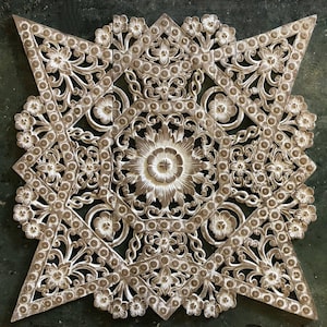 White Washed Wood Carved Panel 90cm, Mandala Wood Wall Art Panels, Teak Carved Wood 3 Panels, Thai wood carving, Carved wood Twin headboard
