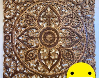 Mandala Kopfteil Königin Holz Geschnitzte Plakette Holzplatte 60 "Wand Kunst Hängen Mandala Boho Lotus Holz Schnitzerei Handmade Teak Geschnitzt 152 CM