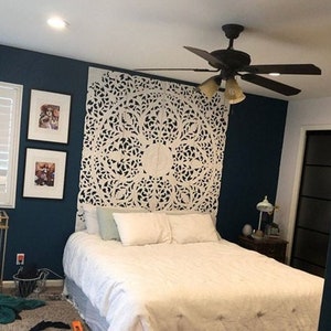 White Mandala Headboard King Wooden Wall Art 71&quot; Lotus Flower Wooden Hand Carved Teak Wood Art Panels Boho Wooden Wall Decor Thailand Large