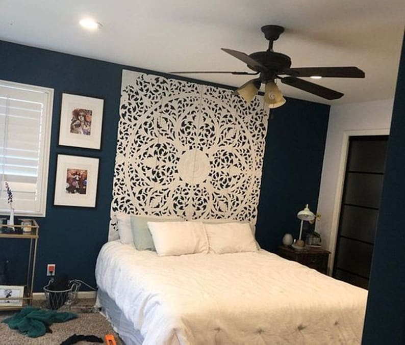 White Mandala Headboard King Wooden Wall Art 71 Lotus Etsy