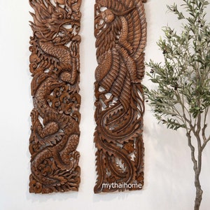 Dragon Wood Carving Wall Hanging Thai Teak Wall Art Panel Dragon Headboard Wood Phoenix Large Hand Carved Wooden Sculpture Fantasy Furniture