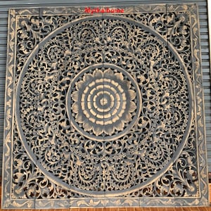 Large Teak Rustic Wood King Size Bed Bohemian Headboard Lotus Flower Mandala Wooden Hand Craved Carving Wall Art Panel Home Decor Thailand