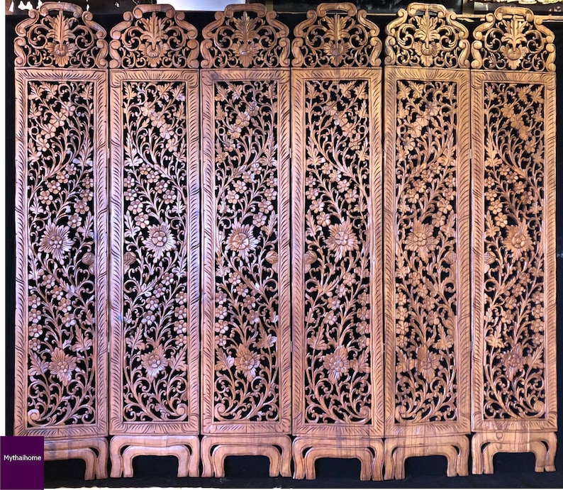 Carved Wood Room Divider Free Standing Folding Screen Floral Etsy