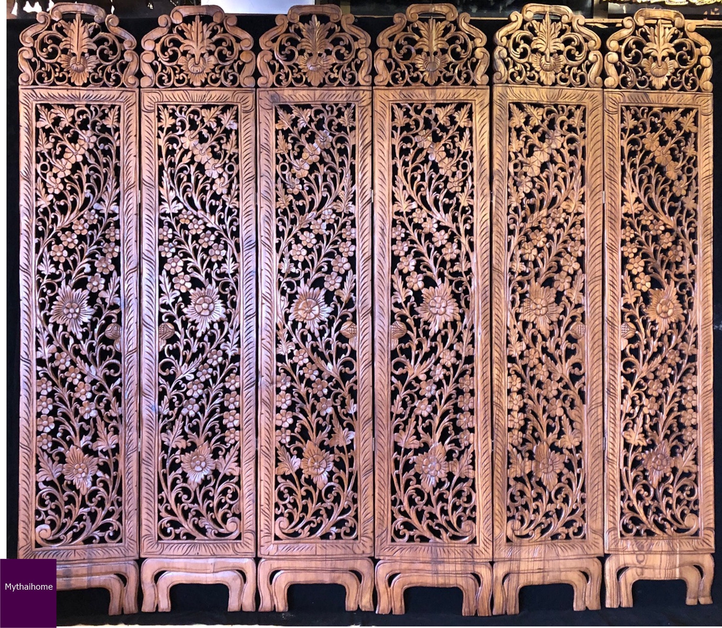 Room Divider Flower Folding Screen Panels Carved Teak Wood Etsy