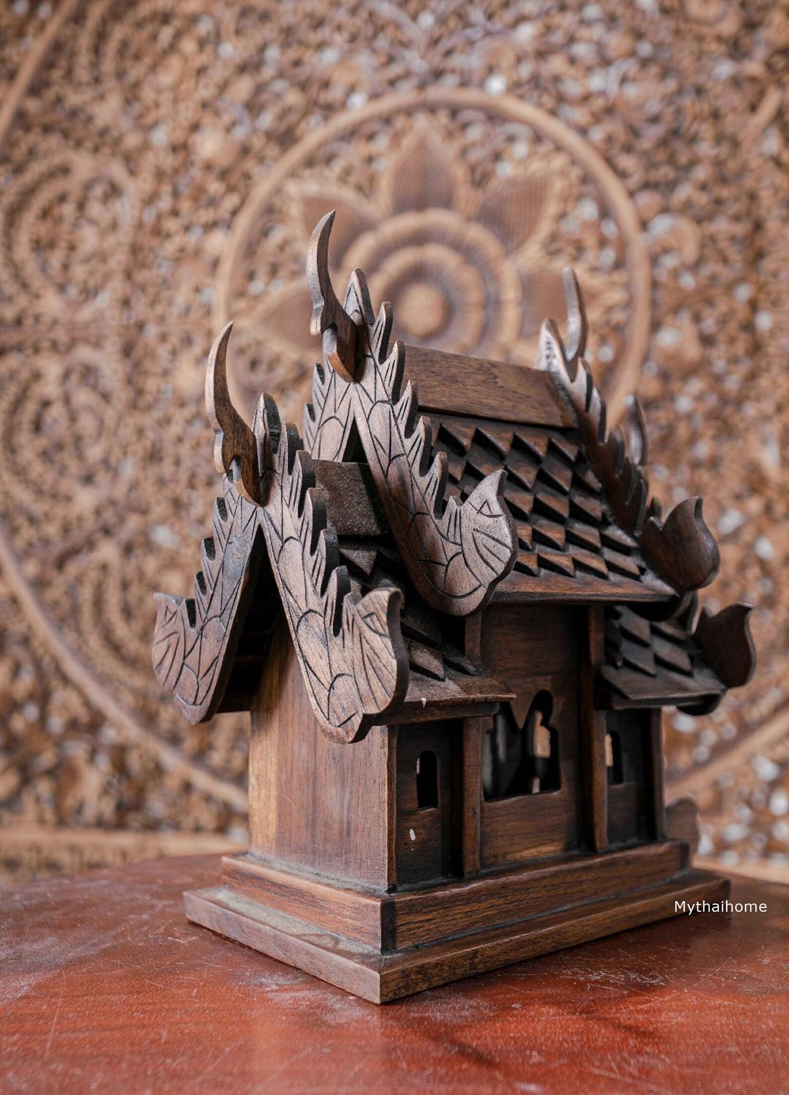 View of Medium Thai Teak Wood Wooden Spirit House Handmade Altar Temple Craft ...