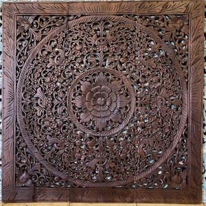Natural Color Mandala Wood Carving Panel 90 x 90 Cm Wood Carved Plaque Teak Wall Art Hanging Asian Wood Thai Art Wall Decor Hanging Brown
