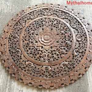 Round Bed Bohemian Headboard 48&quot;, Sculpture Lotus Flower Mandala Wooden Wall Art, Hand Caved Teak Wall Art Panel Home Decor Thai Brown Wood