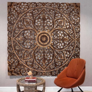 Reclaimed Mandala Headboard King Wall Art Hanging Asian Art Thai Wood Home Decor Teak Wood Carve Wooden Plaque Square Panel Handmade 180cm