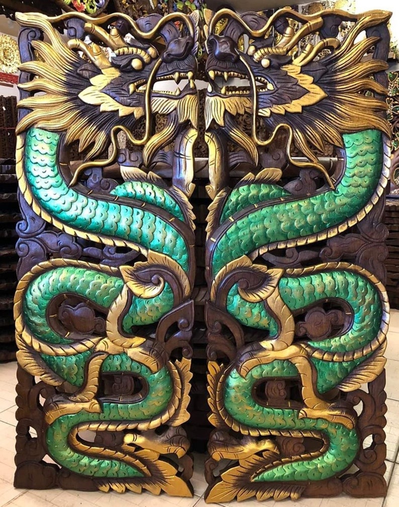 Hand Carved Teak Dragon Wood Wall Panel Set of 2, Chinese Twin Dragon ...
