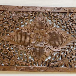 36&quot; x 14&quot; Thai Carved Wall Art Panel Wooden Wall Hanging Lotus Mandala Decorative White Rustic Reclaimed Teak Natural Wood Headboard