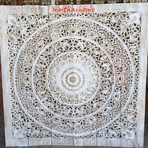 Large King Size Bed Mandala Bohemian White Wash Headboard 180 cm Reclaimed Teak Wall Art Carved Lotus Square Panel Mandala Asian Headboard