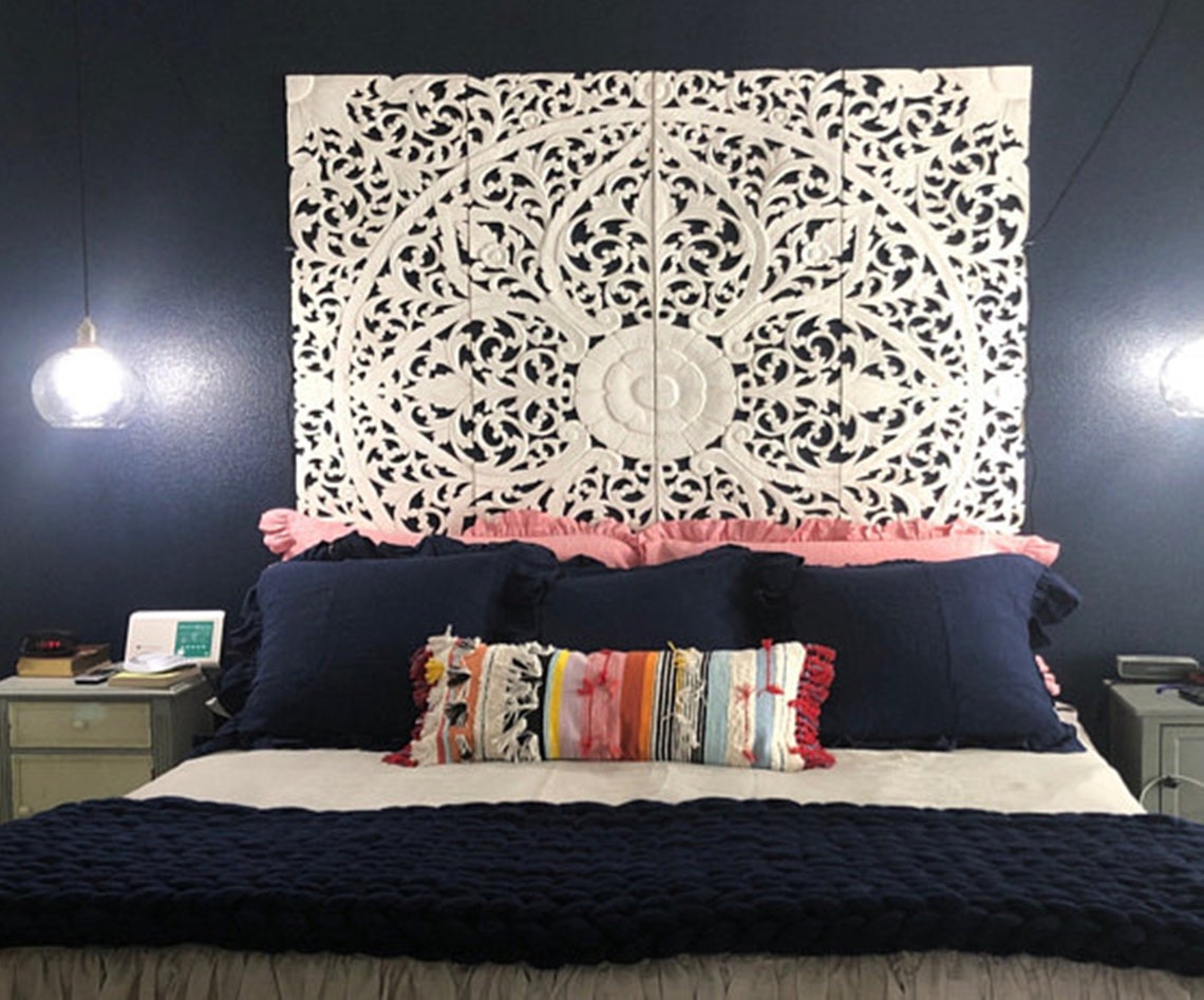 White Mandala Headboard King Wooden Wall Art 71 Lotus Etsy