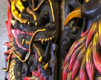 大型 中国宮廷風 立体木彫り彫刻 金色フレーム 三国志風 壁掛けアート 高級 ドラゴンの木彫り壁掛けタイチーク材壁アートパネルドラゴンヘッド