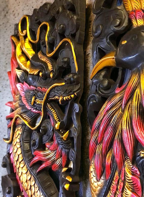 木製ドラゴン鳳凰彫刻手彫り
