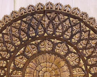 Återvunnen halvkupol huvudgavel queen size, rund mandala naturbrun 80 x 150 cm snidad teak stor halvmåne träväggkonst asiatisk