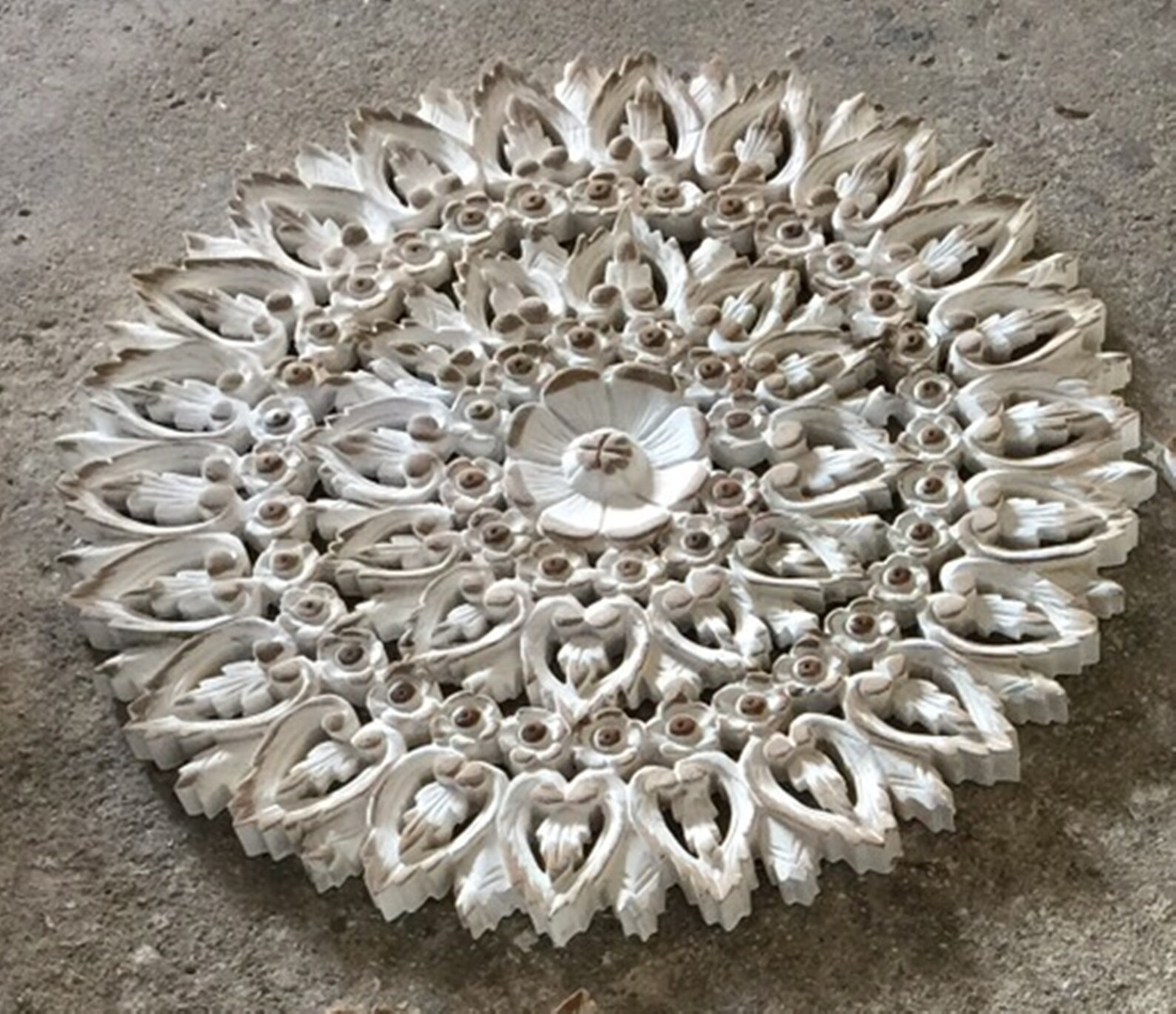 Round Mandala Carved Wood Wall Art Lotus Flower Teak Panel Etsy