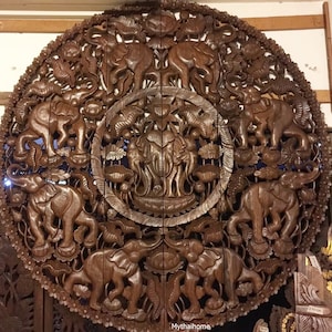 Round Large Wood Wall Art Carved Wooden Elephant Thai Wood Carving Yoga Decorative Bohemian Lotus Mandala Headboard King Teak Art Panels 71&quot;