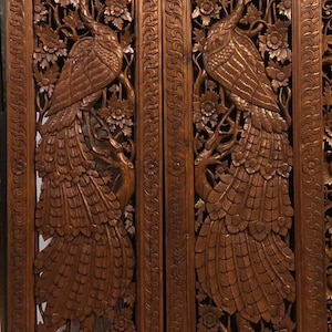 Handmade Carved Teak Doors Extra Headboard Large Wood Wall Art Carved Birds Peacock Flower Wooden Panel Reclaim Carving Thai Sculpture Decor