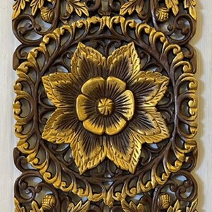 35.5" Brown White Floral Tropical Carved Wood Wall Art Panel Rustic ...