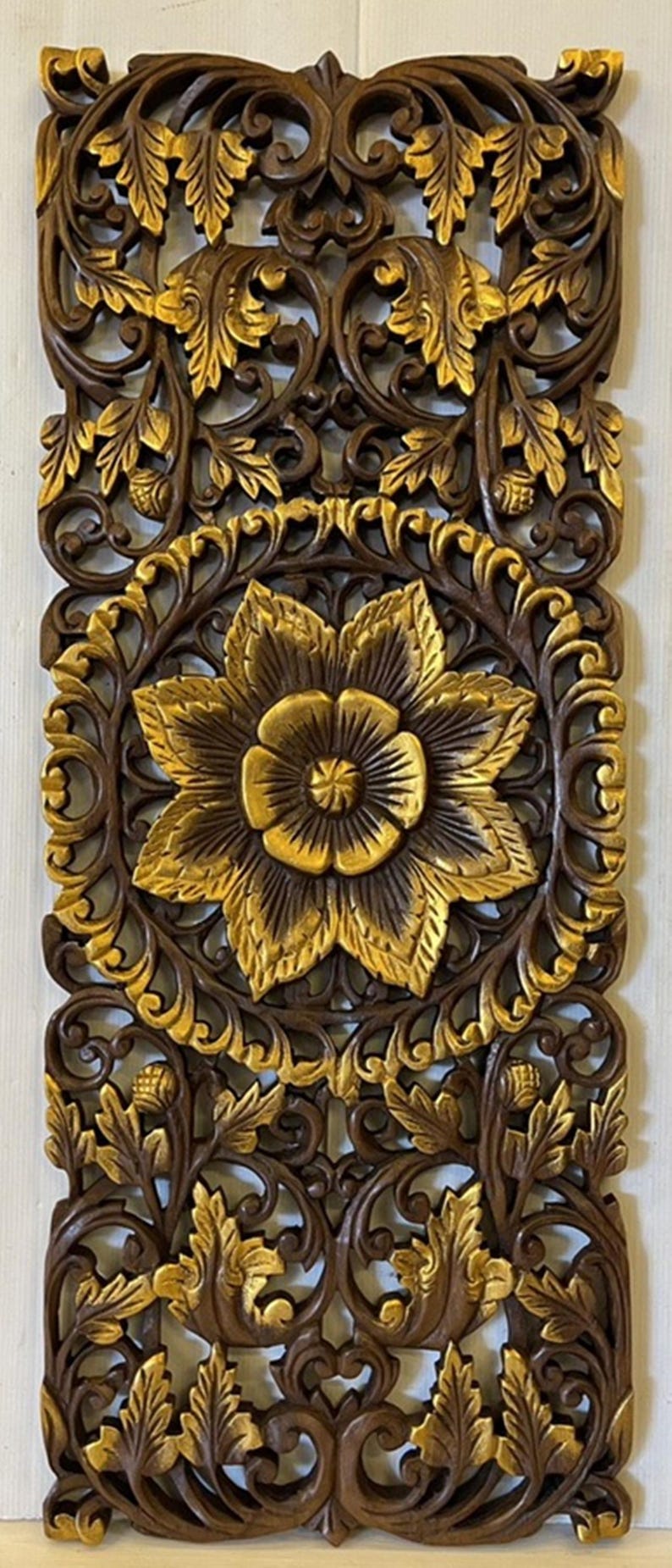 35.5" Brown White Floral Tropical Carved Wood Wall Art Panel Rustic ...