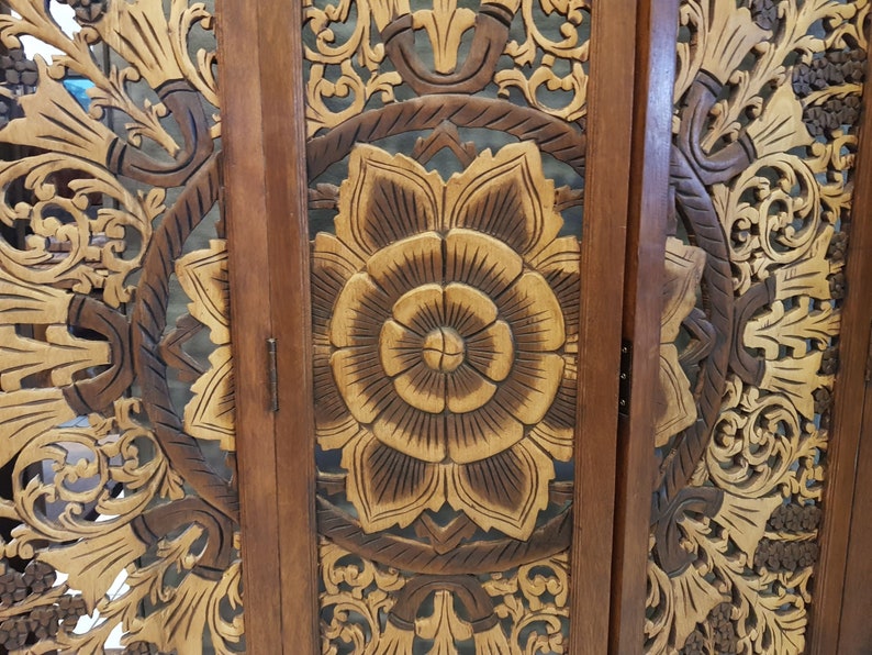 Boho Room Divider Mandala Carved Wood Wall Art Folding Screen Etsy