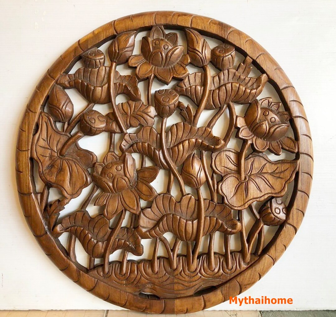 Carved Wood Wall Panel, Asian Wood Wall Art, Lotus Wood Mandala,wooden