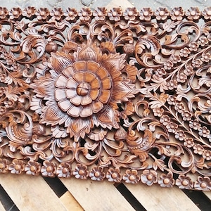 Brown Large Teak Wood Wall Art King Size Bed Sculpture Bohemian Headboard Decorative Flower Mandala Wooden Hand Carved Panel Decor 71&quot; Thai