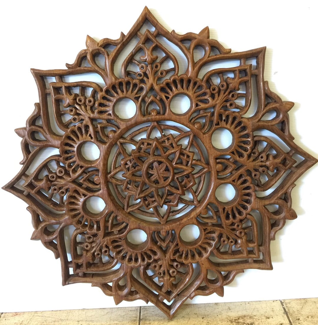 Round Carved Wood Wall Art,teak Wall Art Panel,thai Wood Carving, Lotus