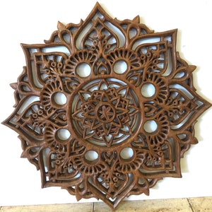 Round Carved Wood Wall Art,Teak Wall Art Panel,Thai Wood Carving, Lotus Wood Mandara Wall Decor, Living Room Wall Art, Sacred Geometry 60cm