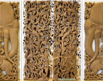 ヴィンテージ 手彫り 木製 象/木 壁掛け タイ アート 8インチ x 4 1/2