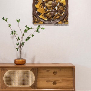 Wooden Fish Thai Wood Carving Hand Carved Natural Solid Teak Wood Panel 23&quot; Wall Art  Hanging Thai Sculpture Bohemian Rustic Wedding Gift 60