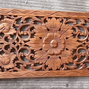 Carved Wall Panel Art Wooden Wall Hanging 90cm Thai Wood Carving Lotus Mandala Decorative White Rustic Reclaimed Teak Natural Wood Headboard