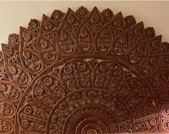 Reclaimed Wood Mandala Wood Carving Panel 36 x 72 inch Half Dome Headboard King Asian Art Thai Wood Wall Art Decor Wall Hanging Teak Carved