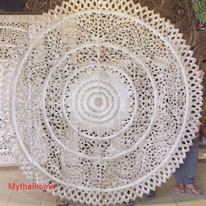Round King Size Bed Bohemian Headboard Lotus Mandala Wooden Craved Carving Teak Wood Brown White Art Panel Wall Decor Thai Large 71 inches