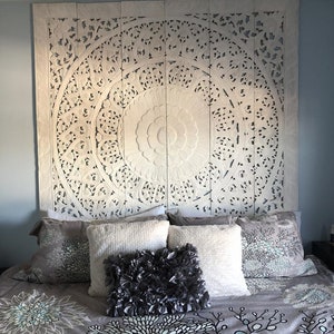 Large White King Headboard Mandala Wall Art Panel Bohemian Headboard 72 inches Lotus Flower Wooden Hand Craved Carve Craving Teak Wood Thai image 4