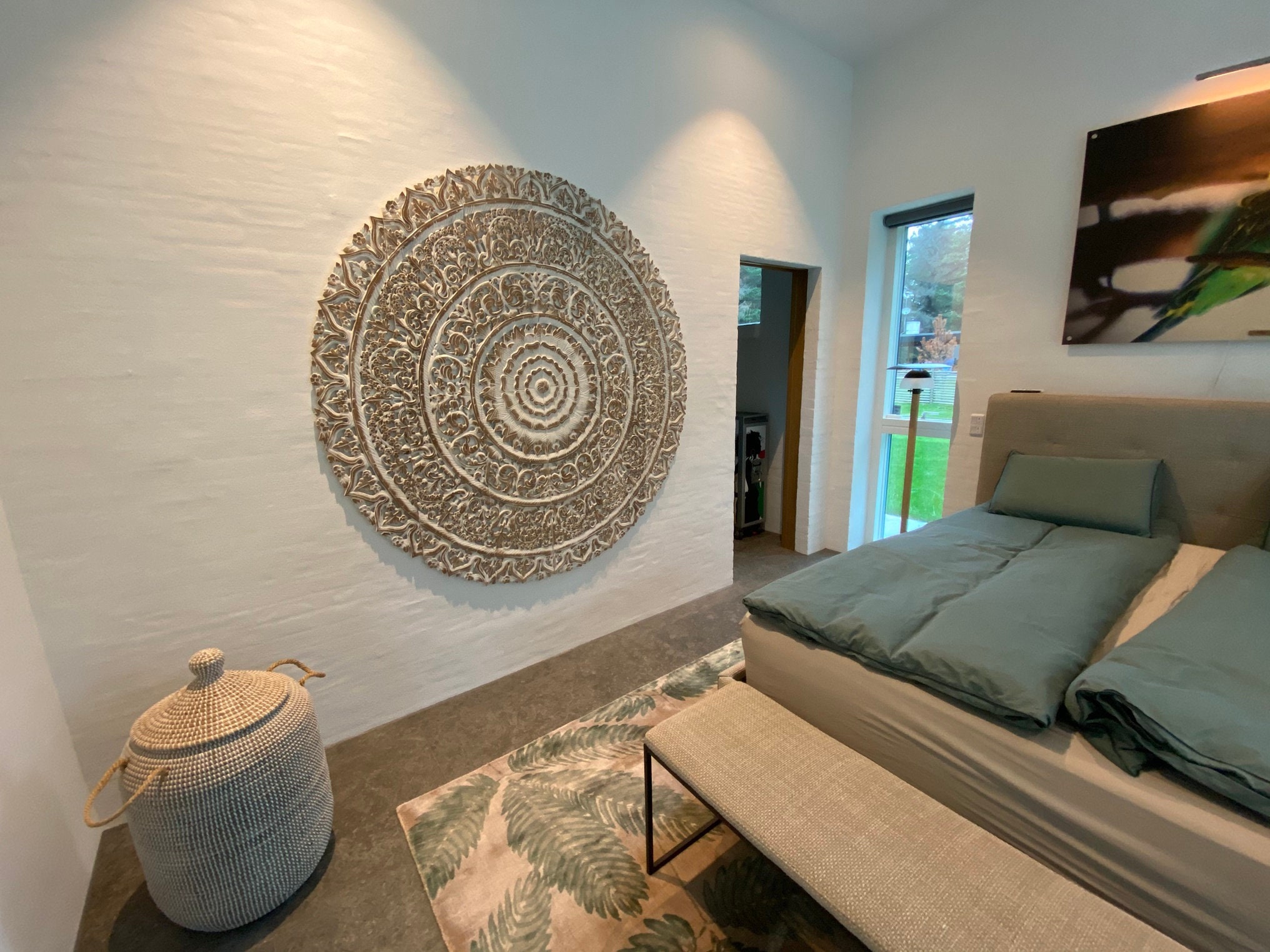 71 Round White Wash Mandala Headboard Large Wood Wall Etsy