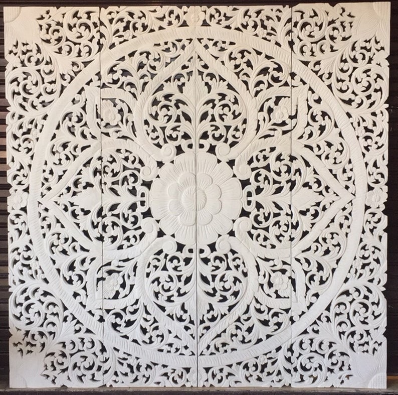 White Mandala Headboard King Wooden Wall Art 71 Lotus Etsy