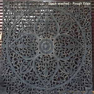 71&quot; Large Rustic King Size Bed Reclaimed Teak Wood Bohemian White Headboard Mandala Craved Wooden Panel Wall Art Lotus Flower Decorative