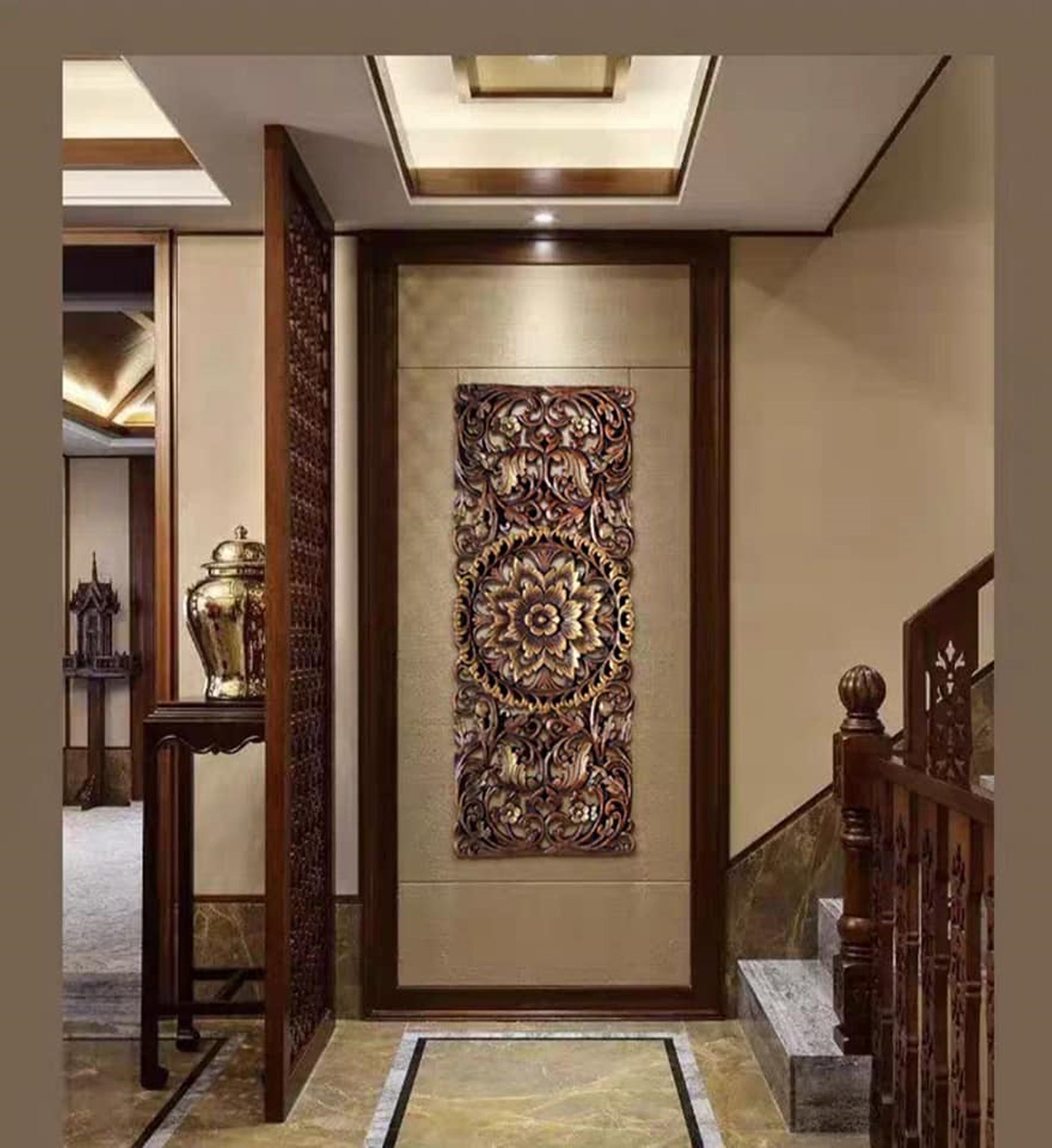35.5" Brown White Floral Tropical Carved Wood Wall Art Panel Rustic ...