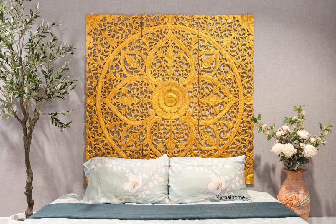 Queen Size Carved Wood Headboard Gold 59 Reclaimed Wood Etsy