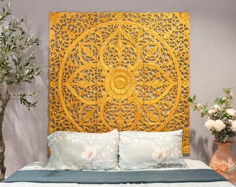 Testiera balinese matrimoniale dorata, testiera boho in legno intagliato, pannello decorativo da parete in teak riciclato, grande loto da parete in legno, mandala in legno 60