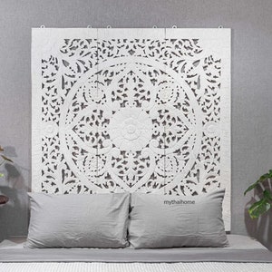 White Headboard Queen 150cm Bed Hand Carved Wood Wall Art Panels Bohemian Wooden  Mandala Flower Lotus Hand Carving Wooden Thailand Teak 60