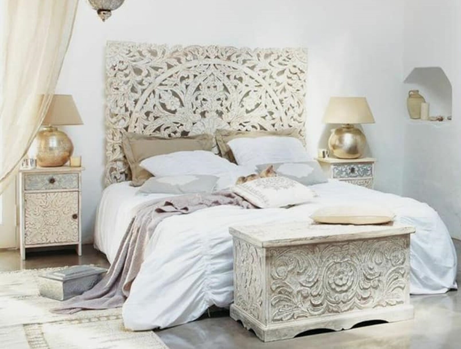 White Washed Gold Queen Bed Headboard Carved Teak Wood Etsy