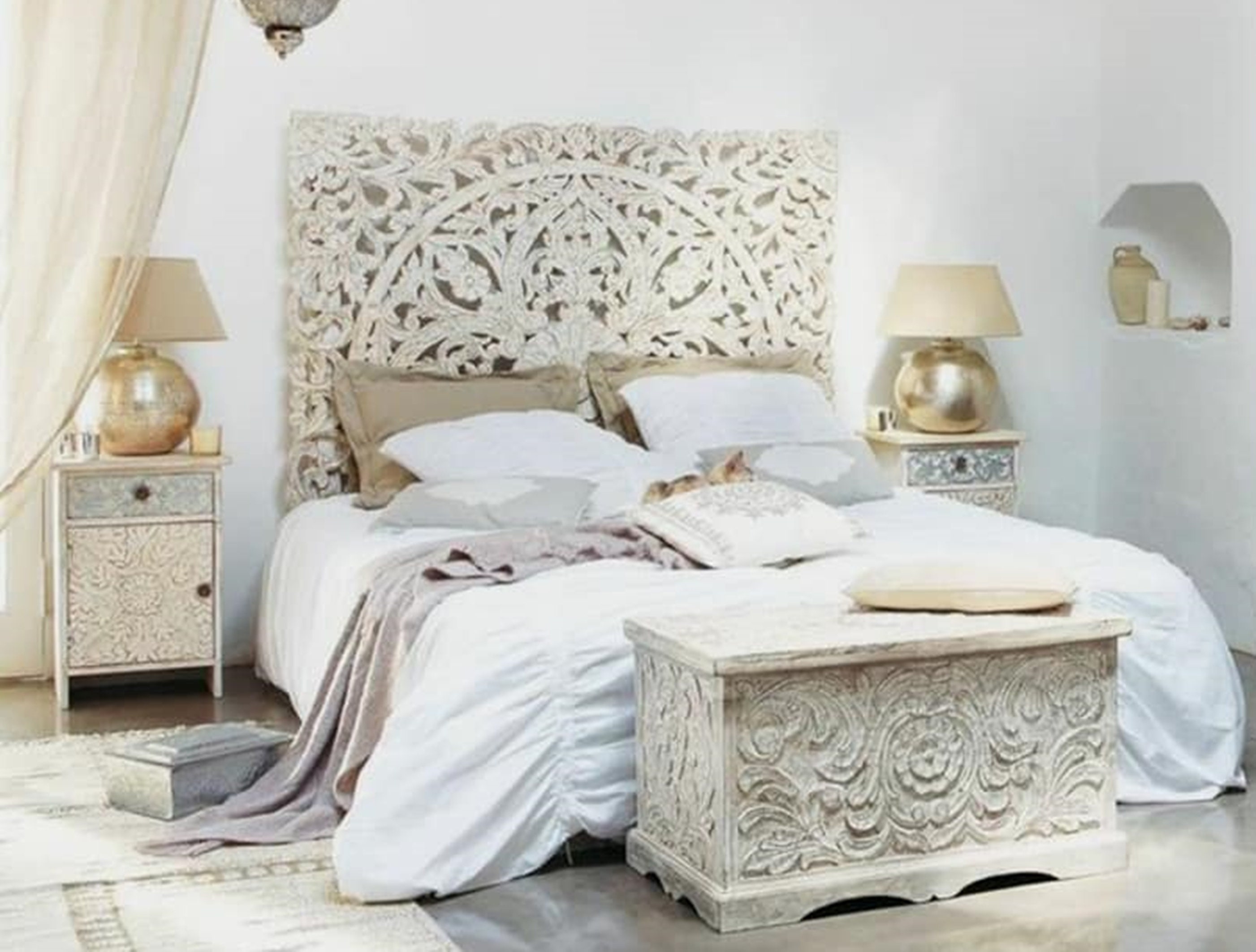 White Washed Gold Queen Bed Headboard Carved Teak Wood Etsy