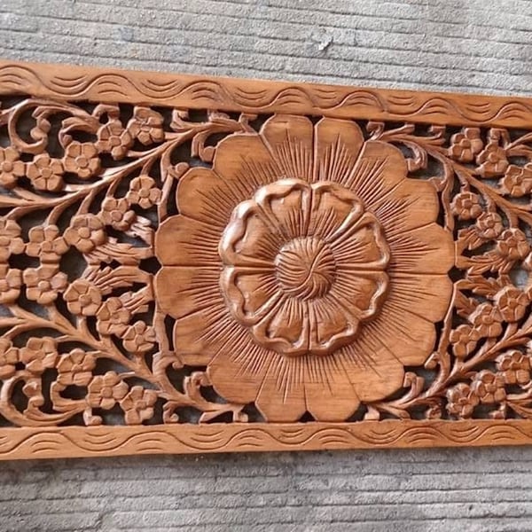 36" x 14" Thai Carved Wall Art Panel Wooden Wall Hanging Lotus Mandala Decorative White Rustic Reclaimed Teak Natural Wood Headboard