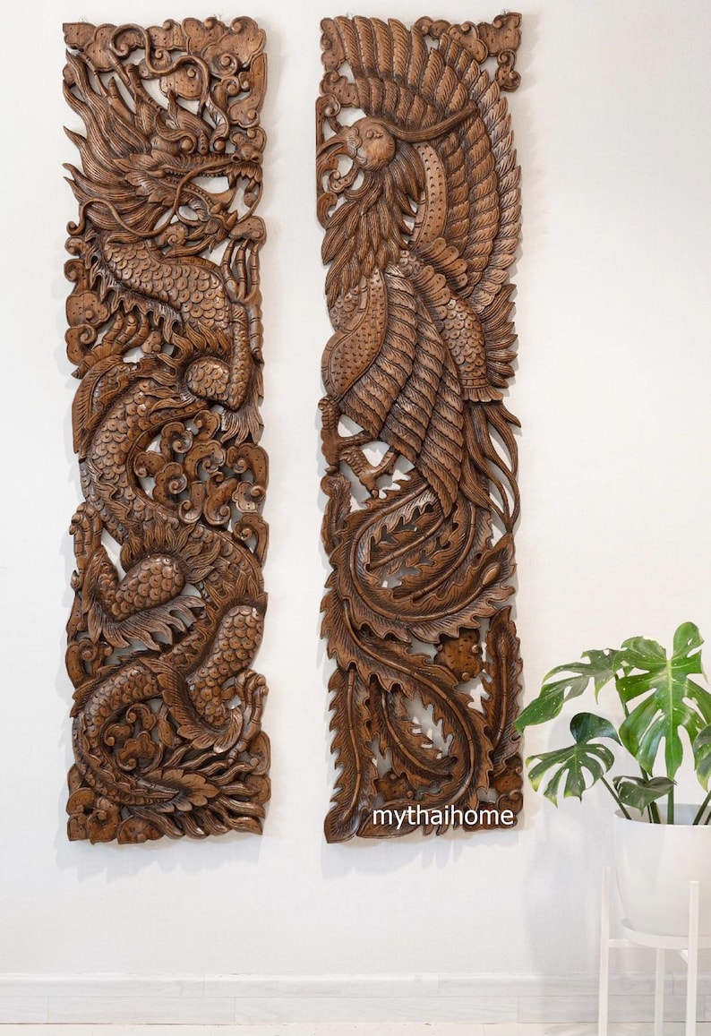 Wood Carved Dragon Phoenix Panel Pair, Large Chinese Dragon Phoenix ...