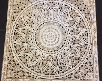 White Washed Wood Carved Panel 90cm, Mandala Wood Wall Art Panels, Teak Carved Wood 3 Panels, Thai wood carving, Carved wood Twin headboard