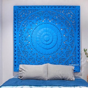 Large Wood Wall Art Panels, Carved Wood Headboard King, Mandala Wood Wall Art Blue, Bohemian Headboard King, Teak Wall Art,Thai wood carving